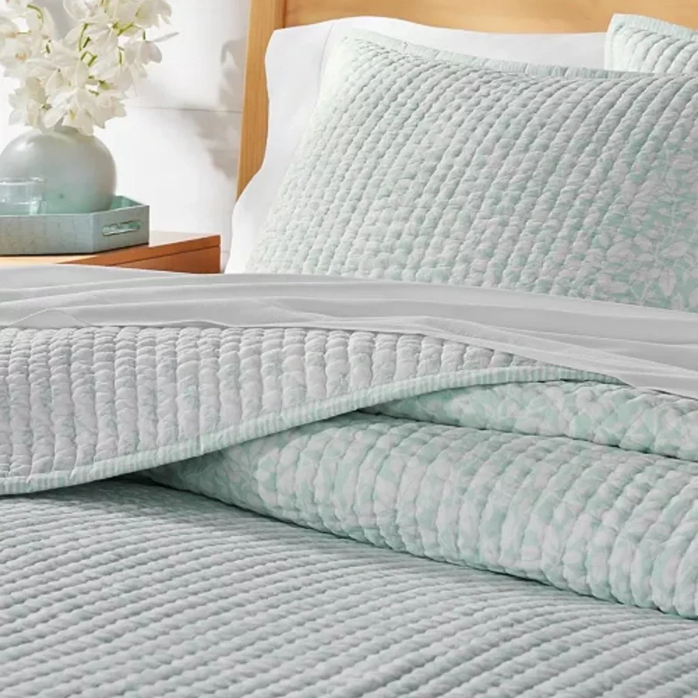Charter Club Cotton Quilt Leaf Silhouette 3 Piece Set Full Queen Blue